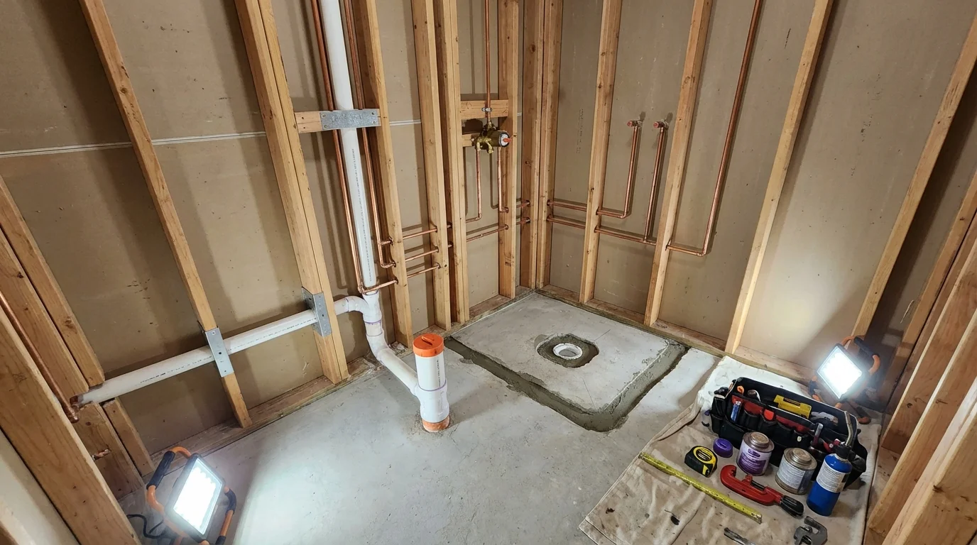 Bathroom rough-in plumbing during remodel by Johns Plumbing LLC in Patchogue
