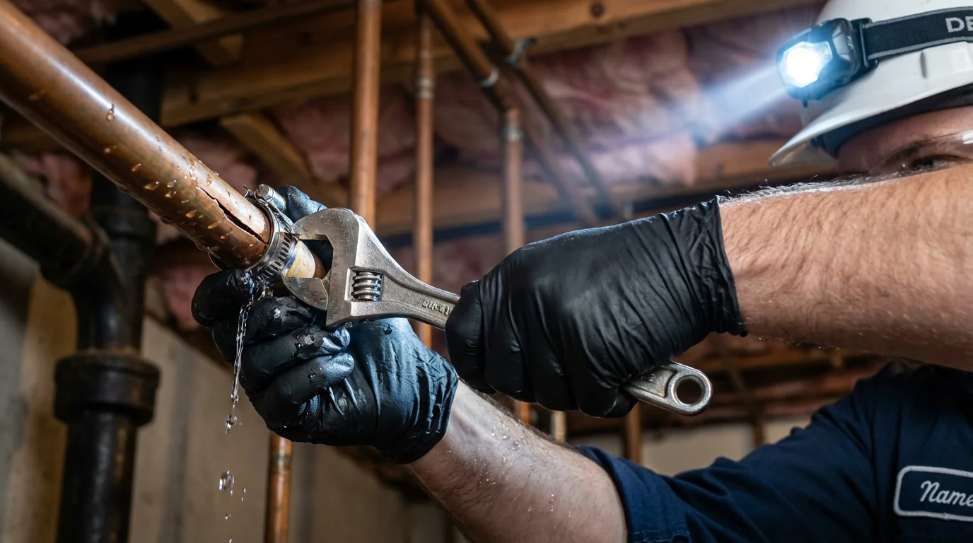 Emergency pipe clamp repair being performed by a Johns Plumbing LLC plumber in Patchogue