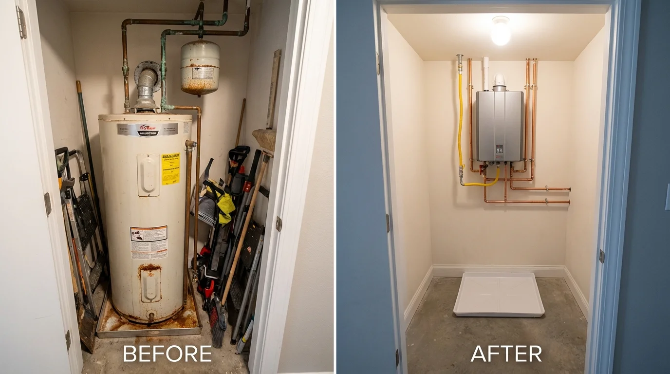 Tank water heater versus wall-mounted tankless unit comparison for Patchogue, NY homeowners