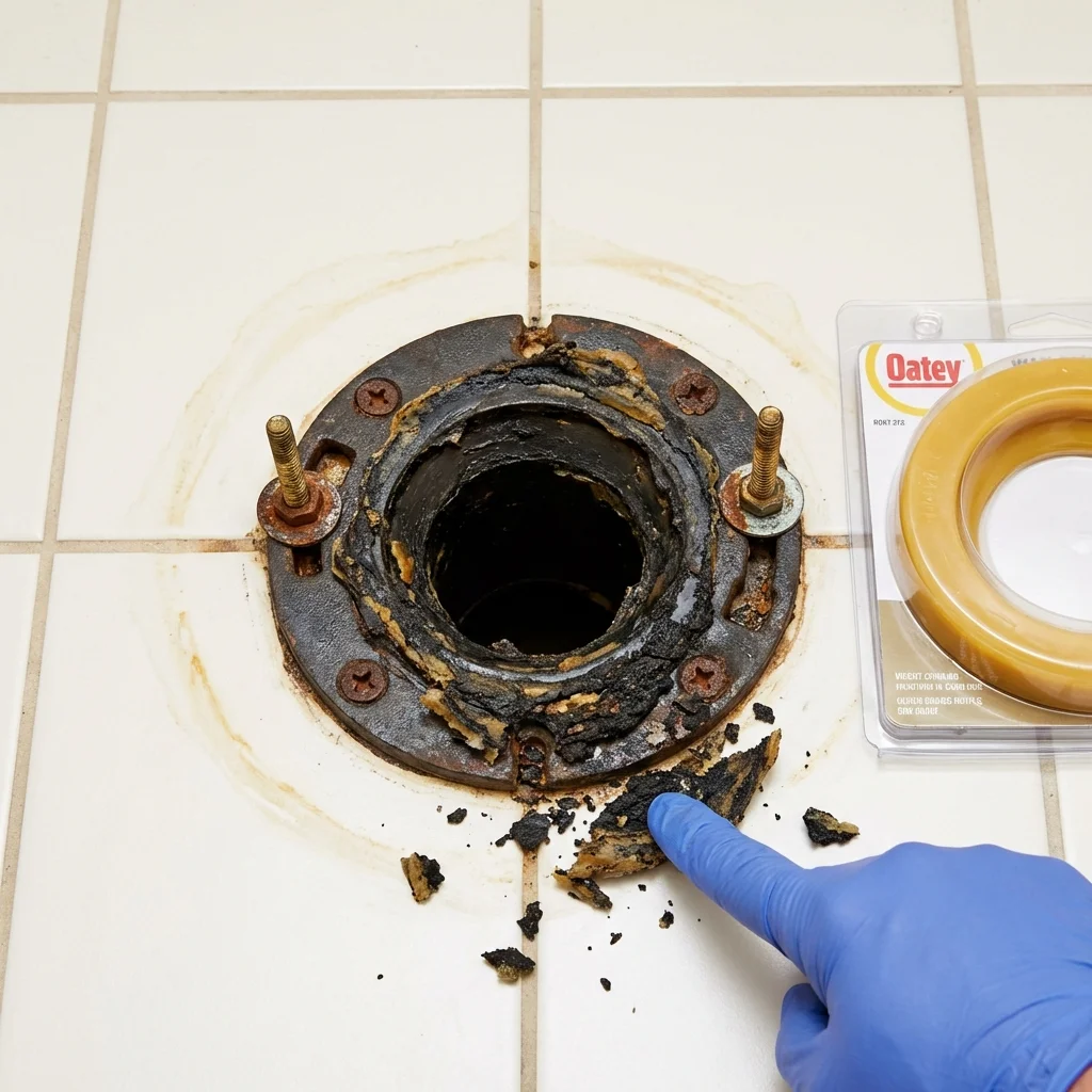 Failed wax ring showing water seepage at the base of a toilet in a Patchogue, NY home