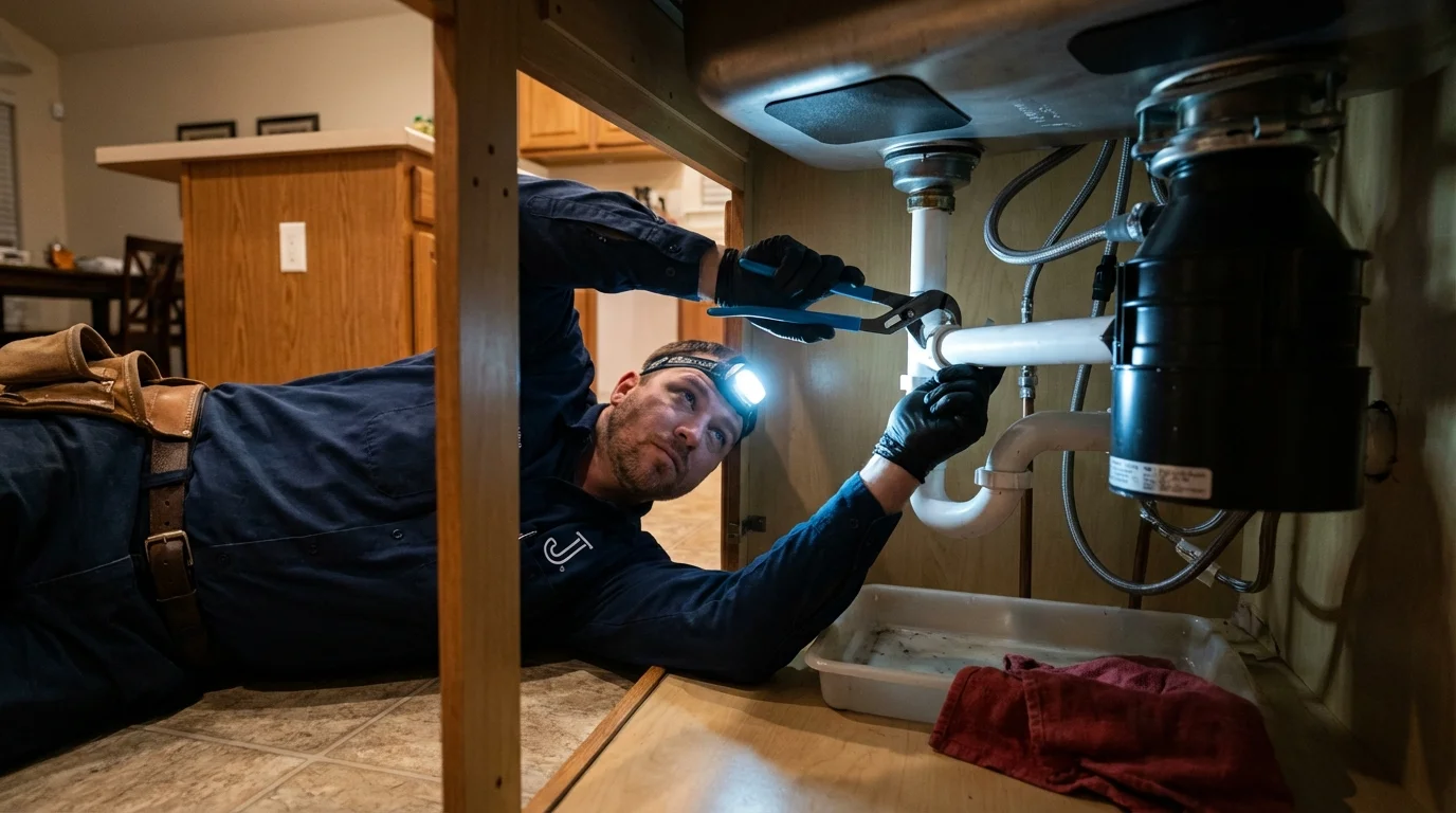 P-trap and supply line connections under a kitchen sink showing a common leak point in Patchogue, NY